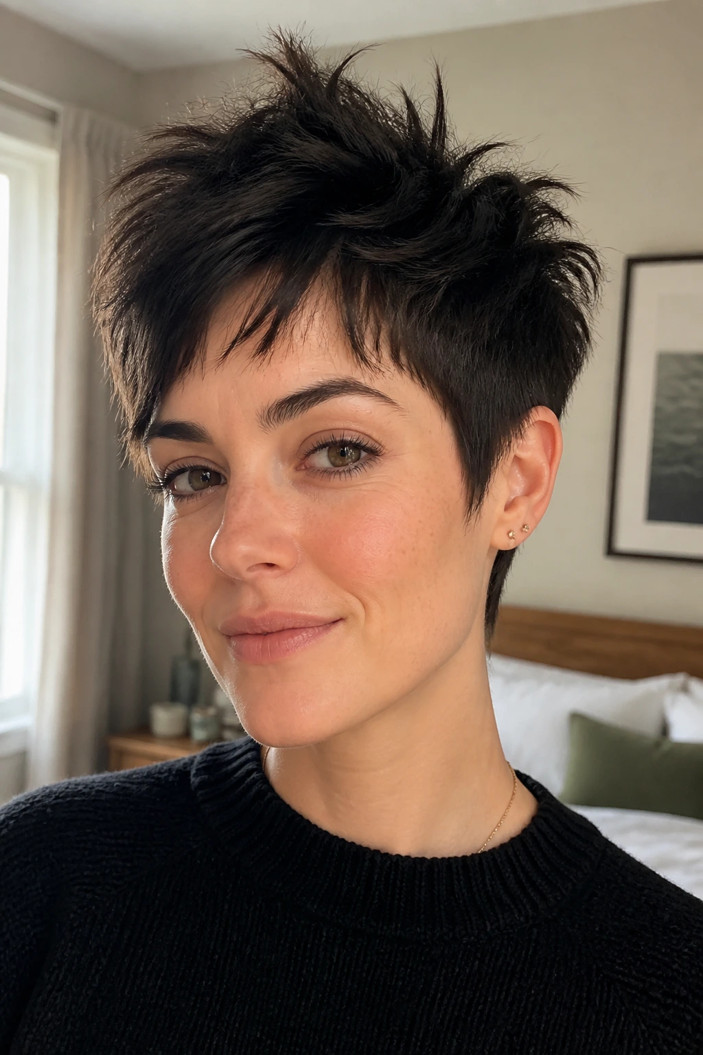Close-up portrait of a real woman with a choppy pixie and crown lift in window light