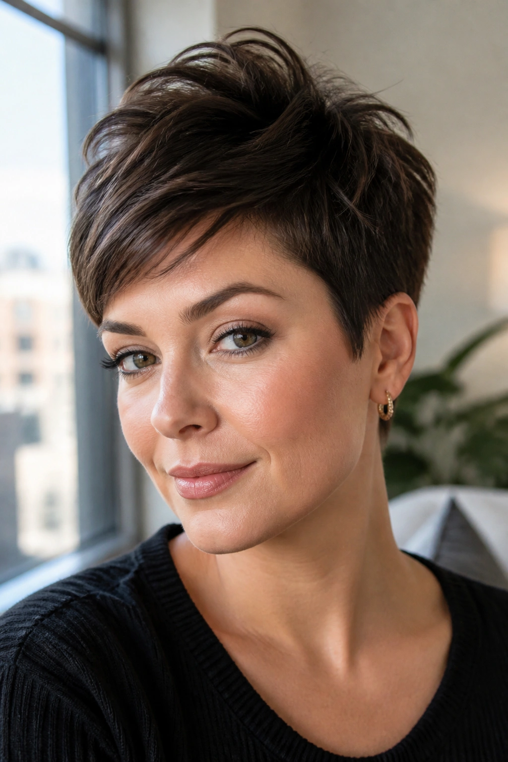 Close-up portrait of a real woman with a pixie cut and crown height lift.