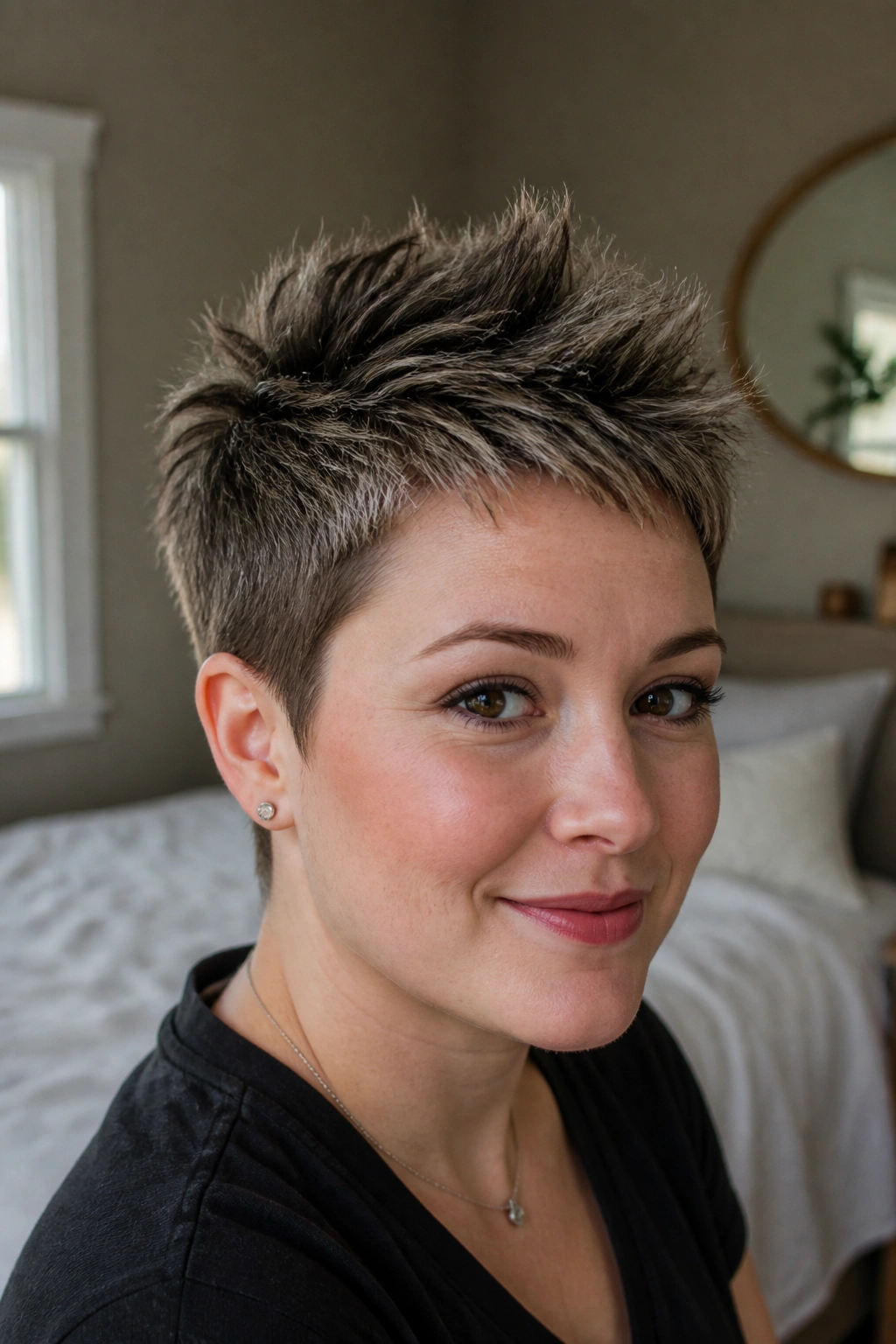 Close-up of a woman with textured pixie and crown lift for a round face