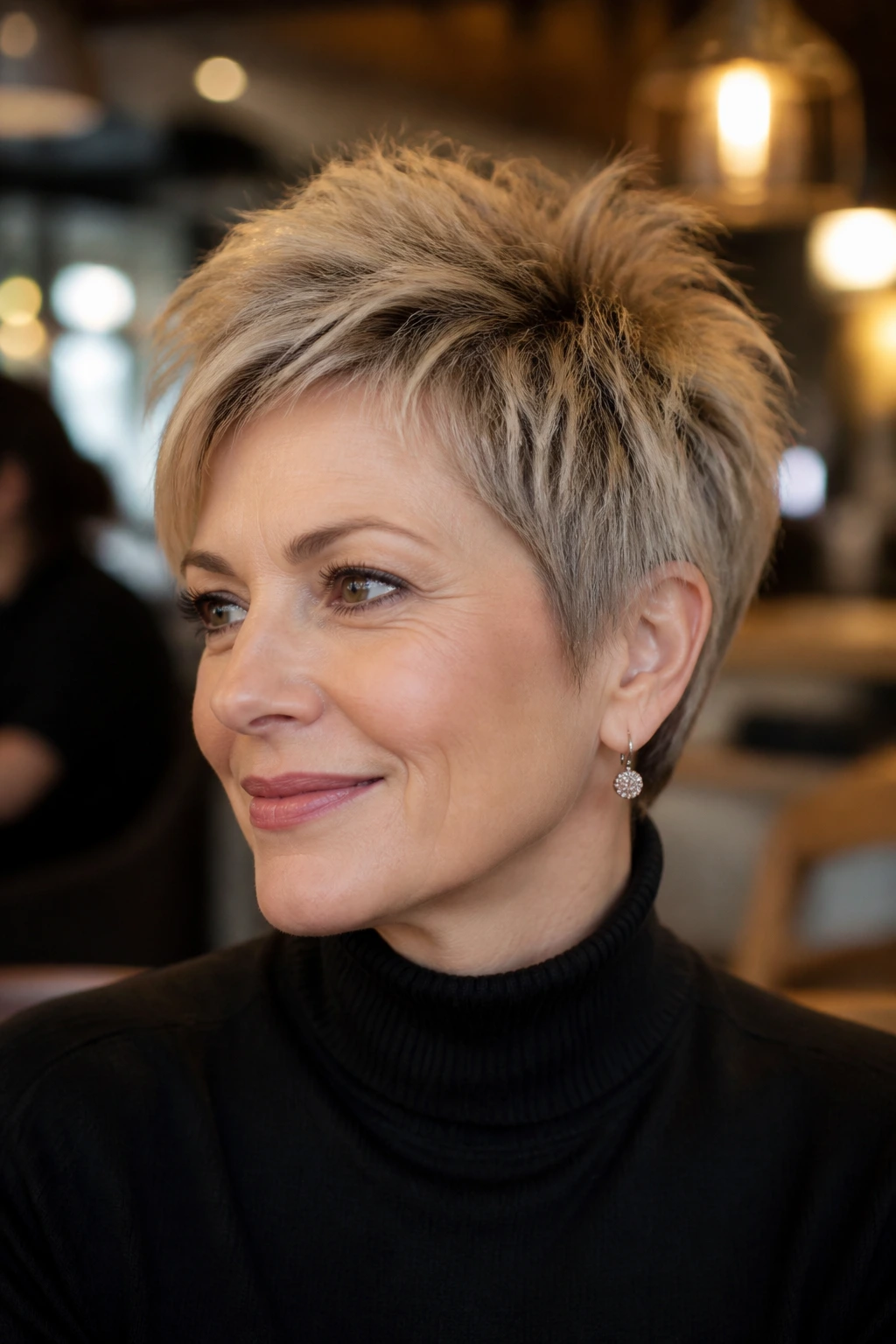 Portrait of a woman with choppy crown-volume pixie and lifted crown