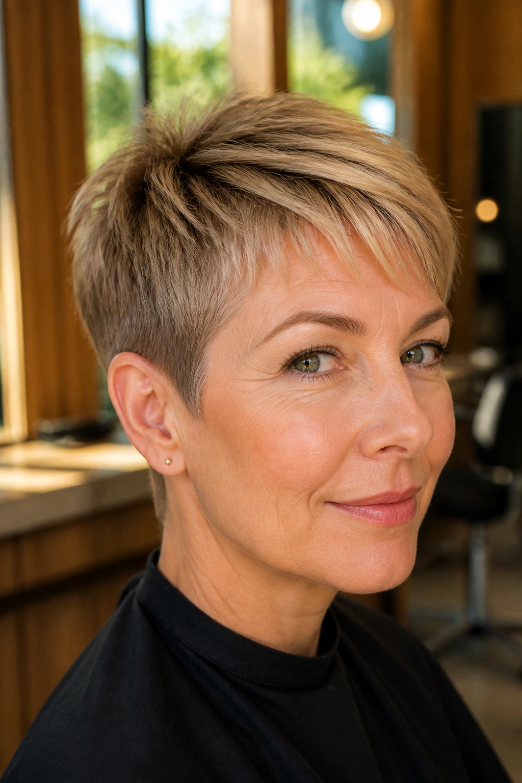 Close-up portrait of a real woman with a classic tapered pixie on fine hair in a sunlit salon