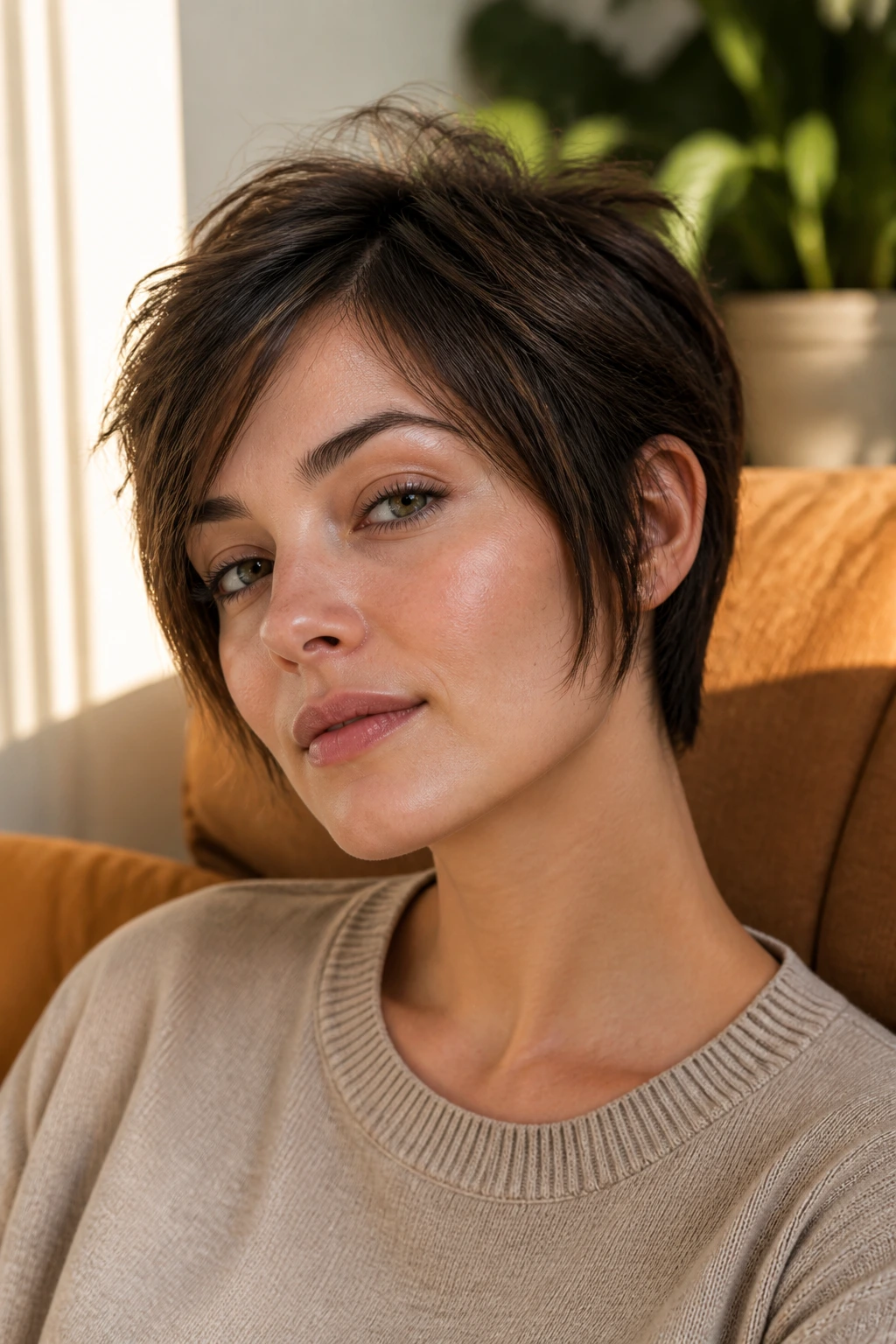 Close-up portrait of a real woman with a grown-out pixie featuring ear-length sides.