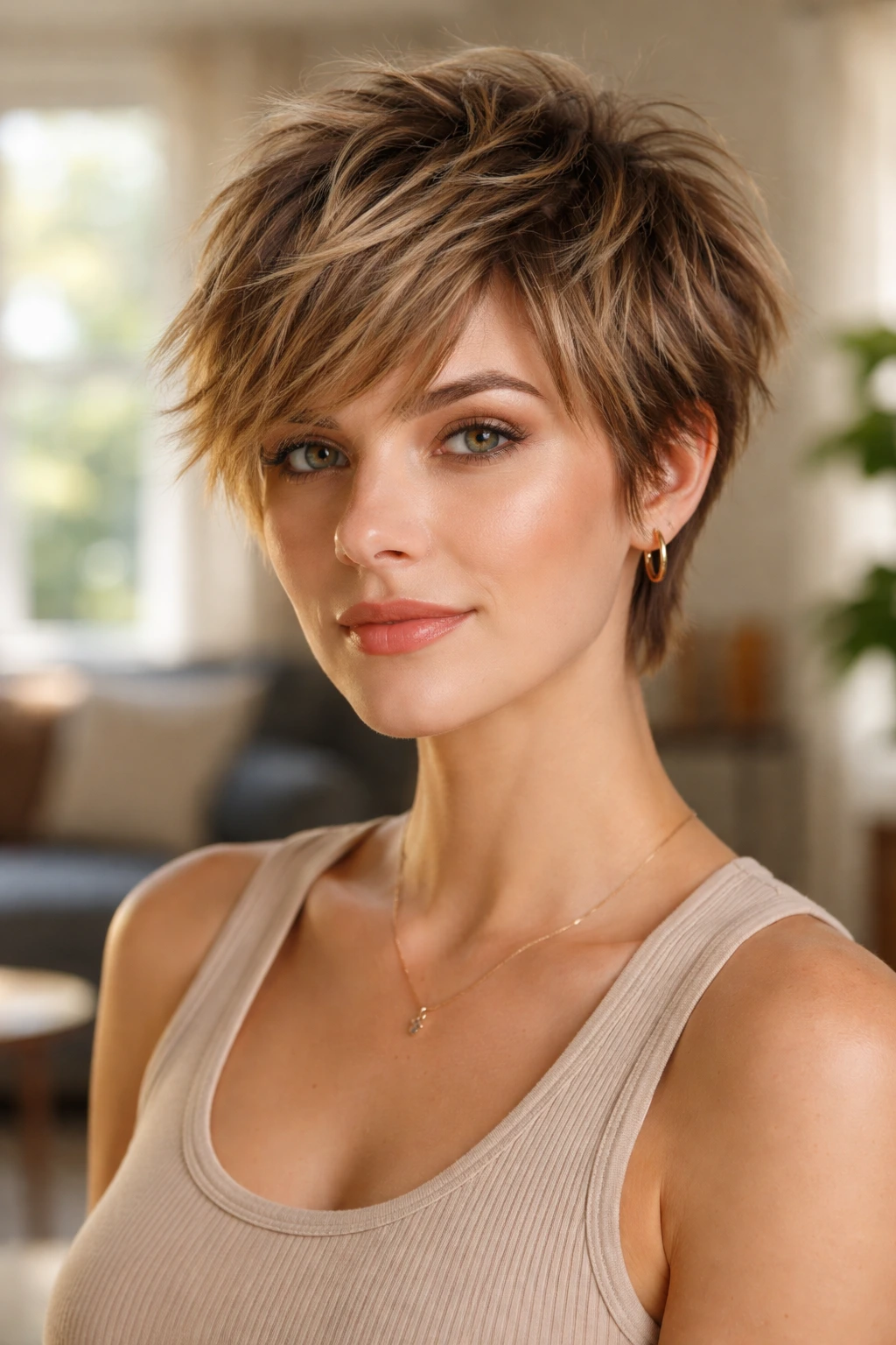 Close-up portrait of a real woman with a choppy layered pixie, showcasing jagged ends and volume.