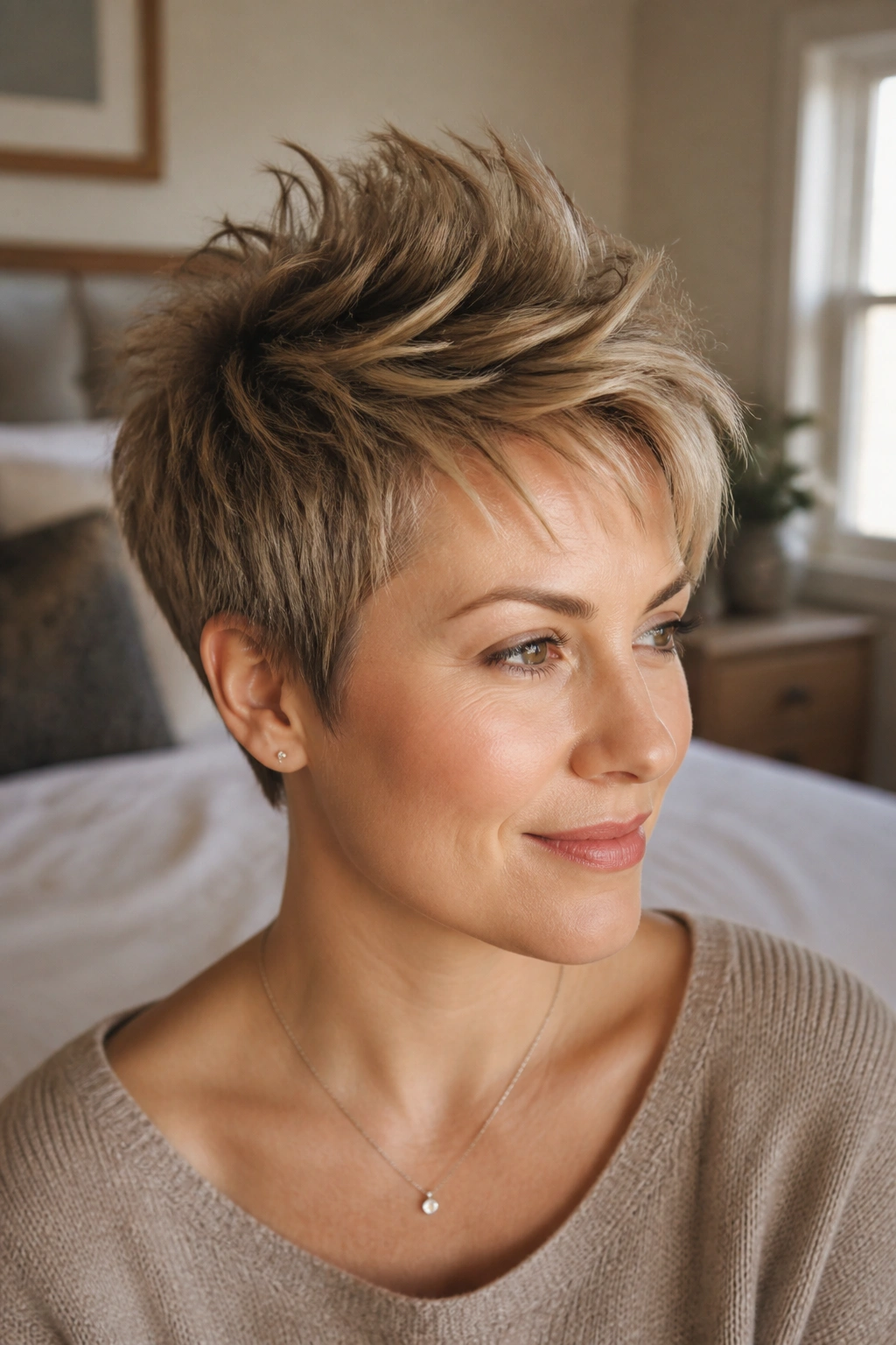 Close-up portrait of a real woman with a textured pixie and lifted crown for round faces.