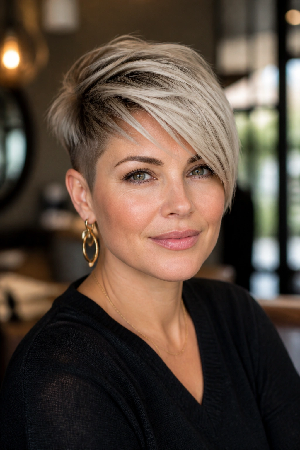 Close-up portrait of a real woman with a pixie haircut featuring a long top and diagonal fringe in warm salon light
