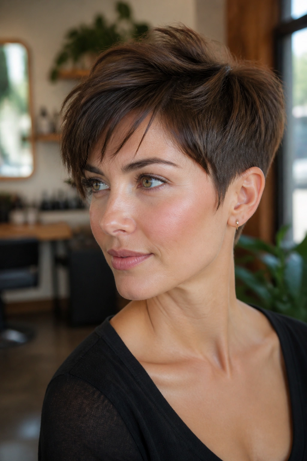 Close-up of a real woman with a long-top pixie and temple taper in a warm salon.