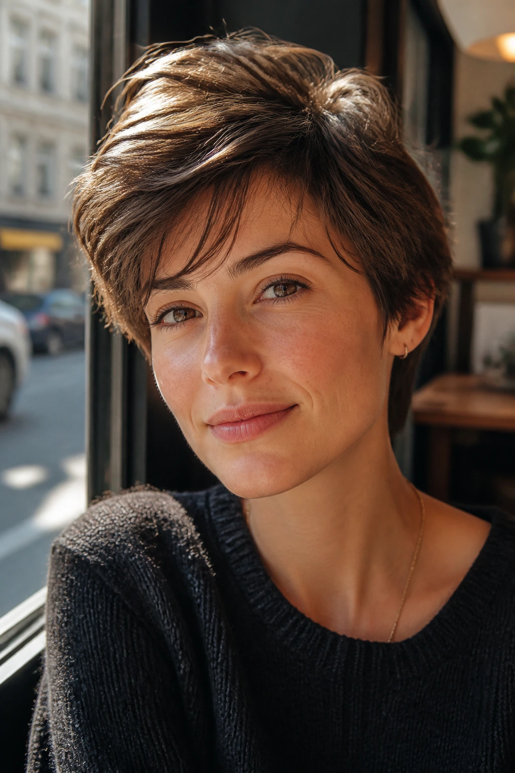 Portrait of real person with tousled pixie haircut with longer top layers, cafe window light