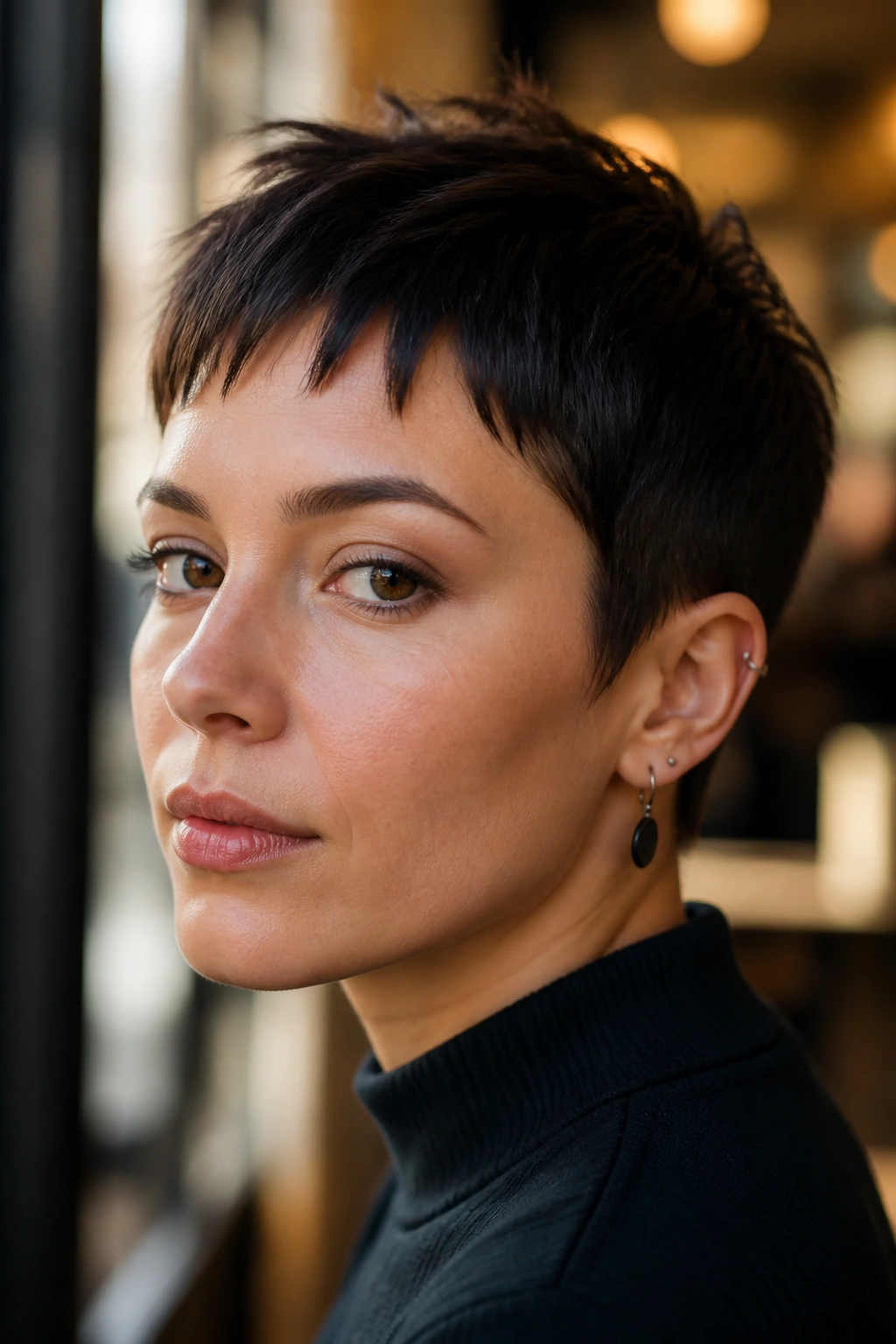 Close-up portrait of a real woman with a micro-fringe pixie with broken jagged ends and airy fringe gap, in warm cafe window light