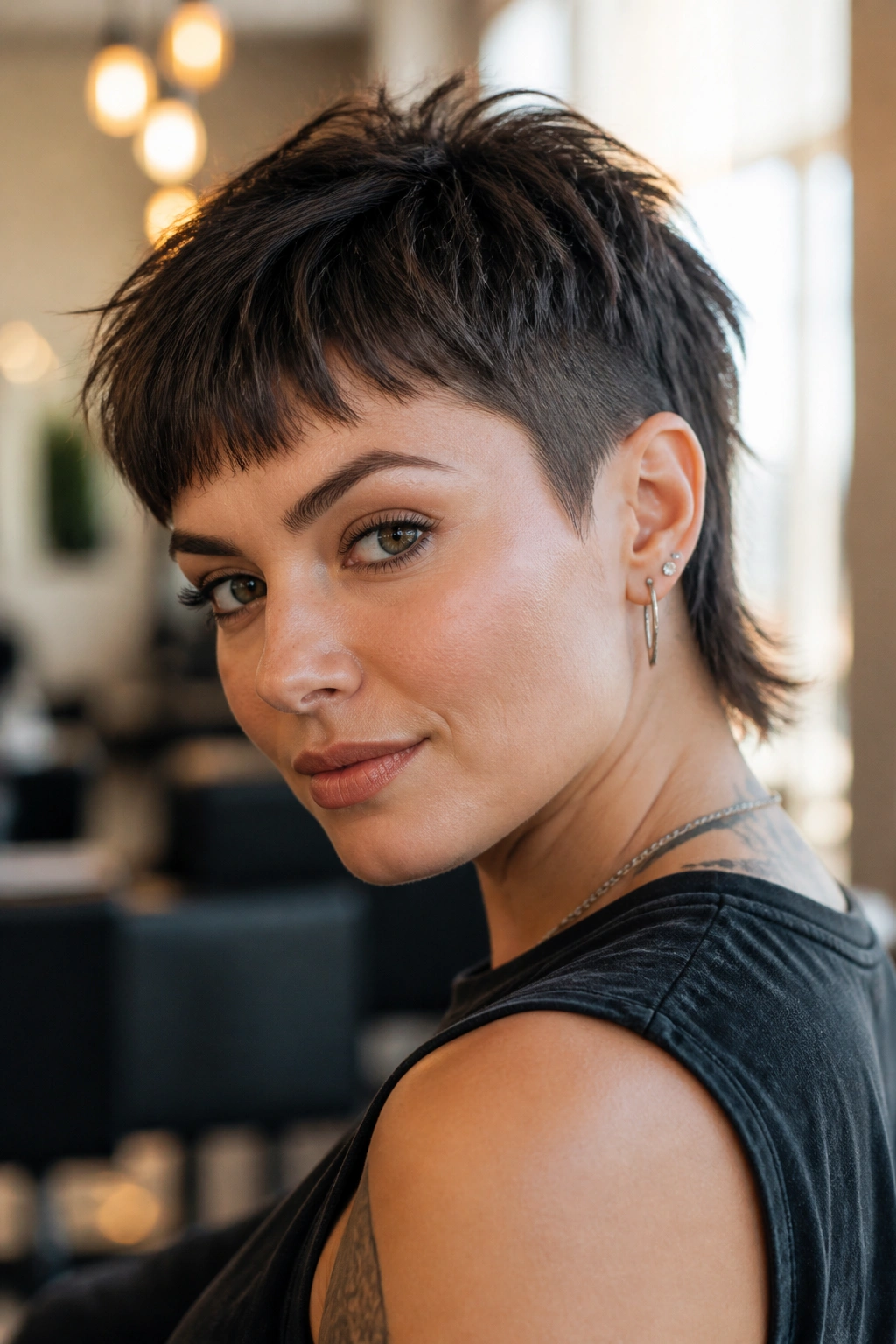 Close-up of a real woman with a chopped mini-mullet pixie, longer back and tight sides.