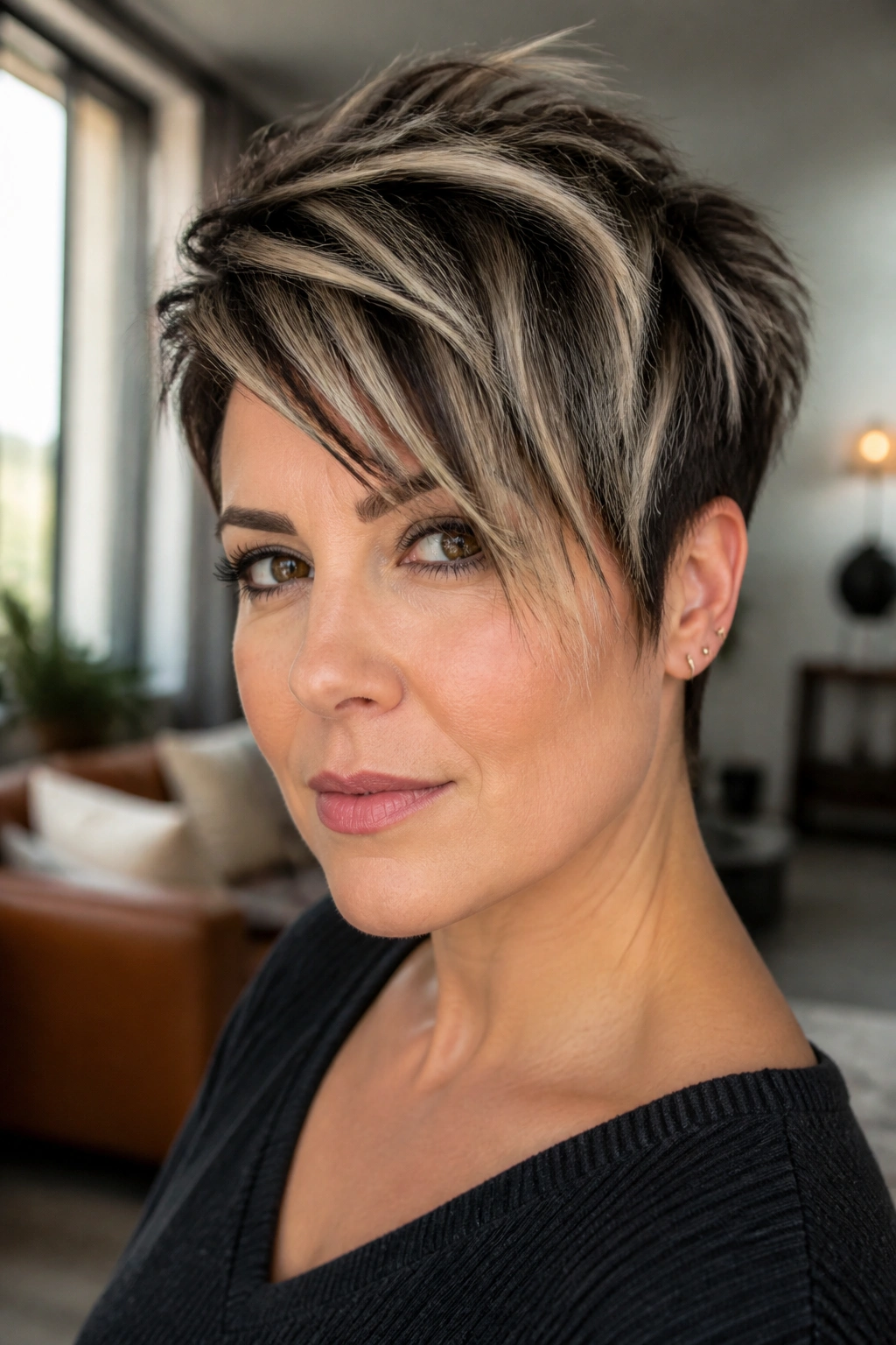 Close-up portrait of a real woman with a piecey top pixie and separated layered texture