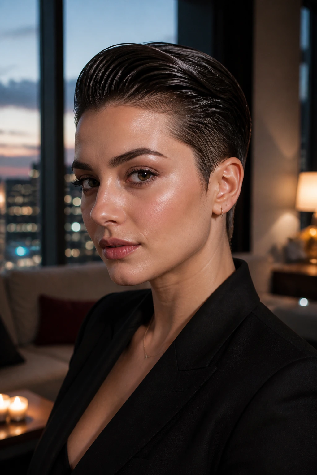 Close-up portrait of a real woman with a slicked-back pixie, forehead visible and glossy finish