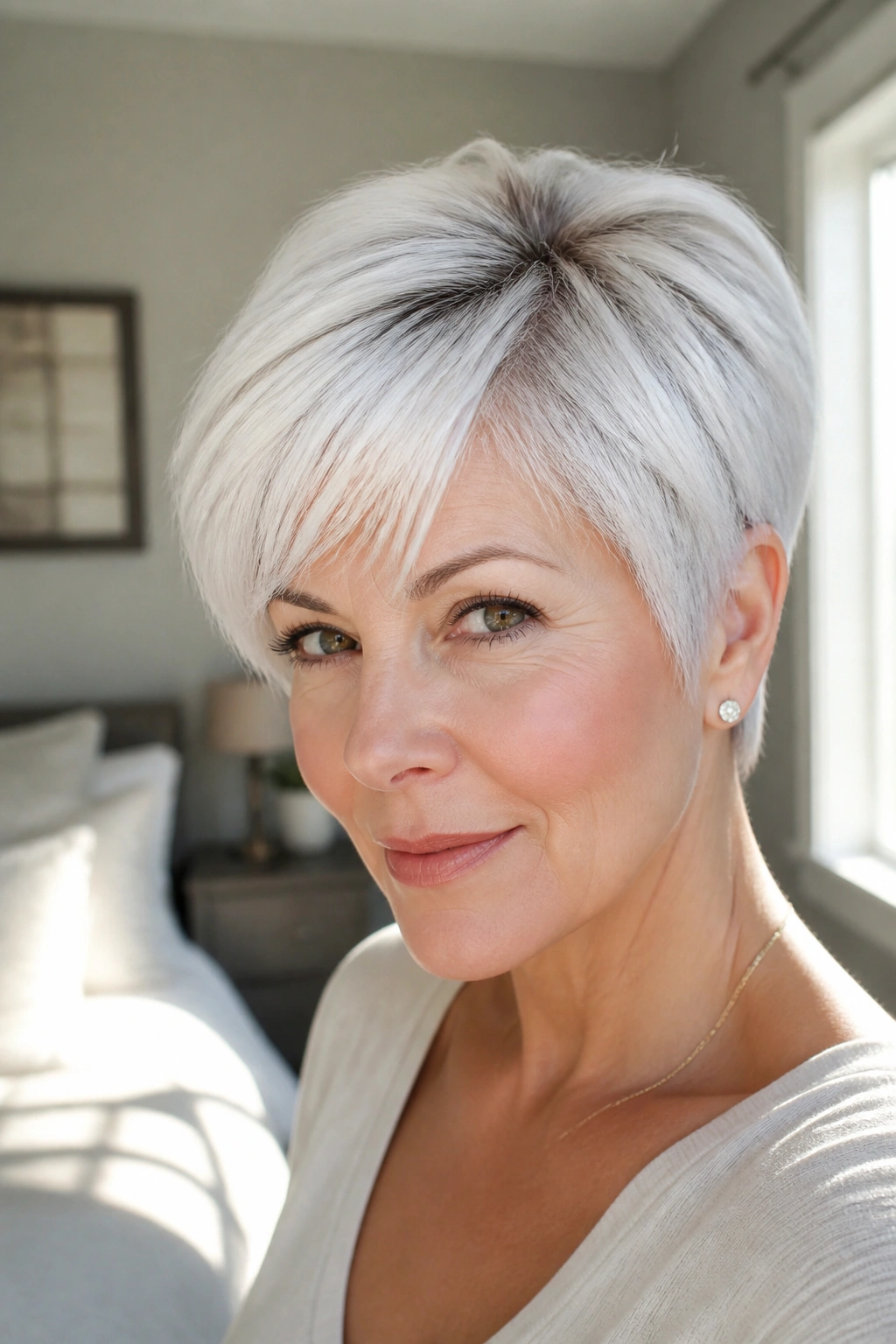 Close-up portrait of a real woman with a snow-white pixie and soft root shadow.