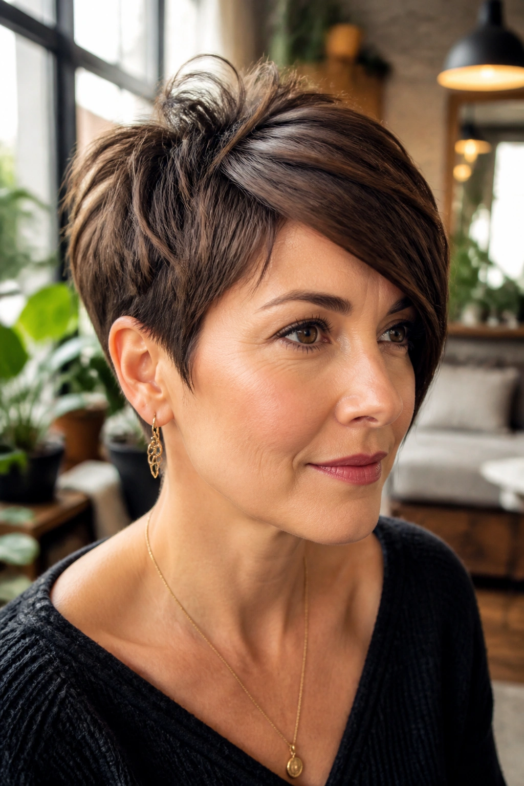 Close-up portrait of a real woman with razor-cut pixie and lifted crown, side-swept fringe