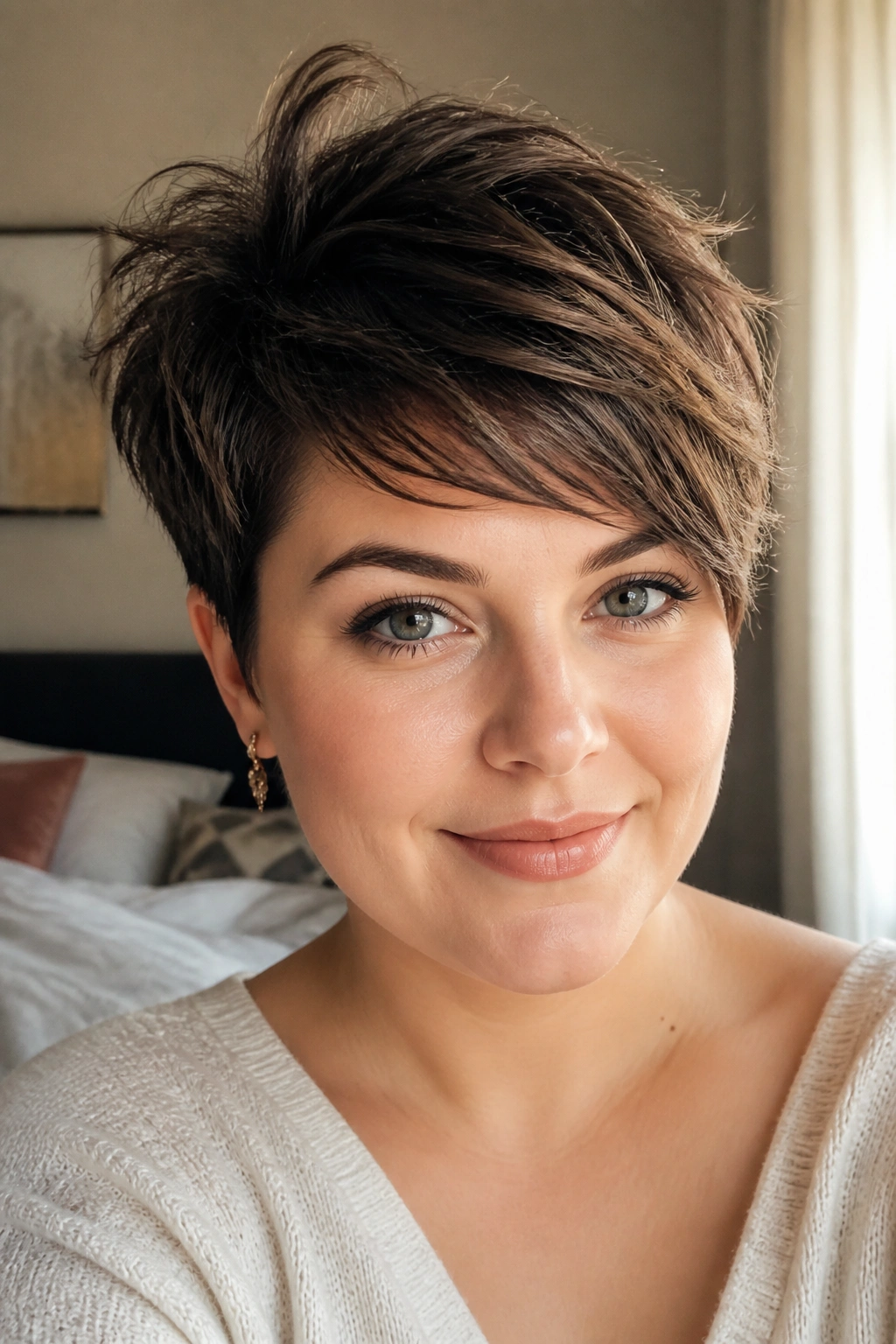 Close-up portrait of a woman with a tousled pixie showing crown lift on a round face in warm natural light.