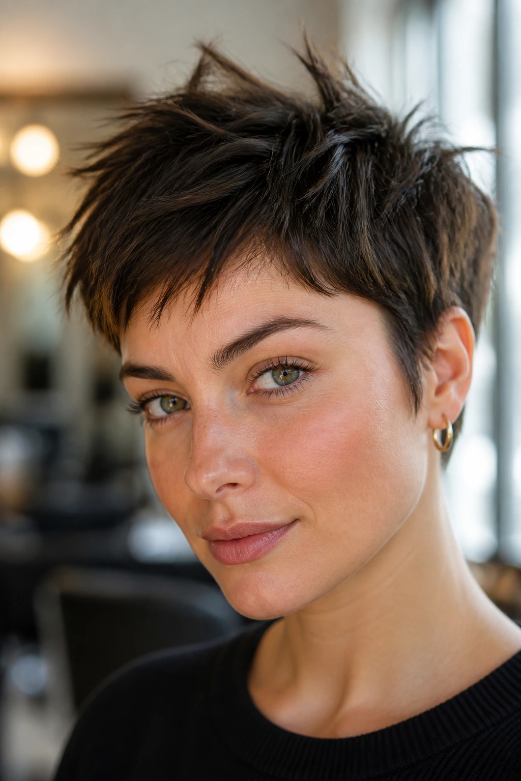 Close-up portrait of a real woman with a choppy pixie and voluminous crown.
