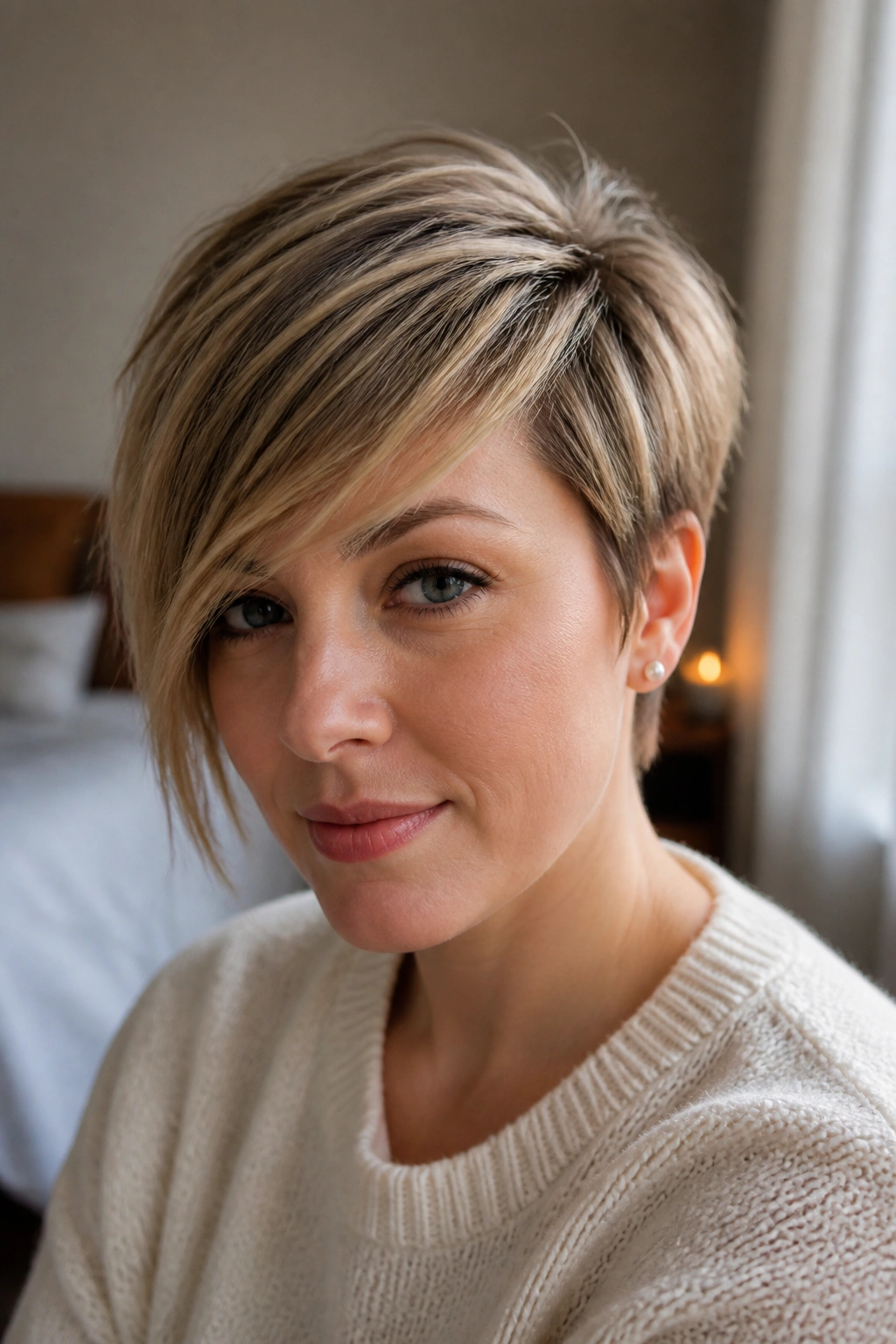 Close-up portrait of a real woman with a sleek pixie and long side-swept fringe