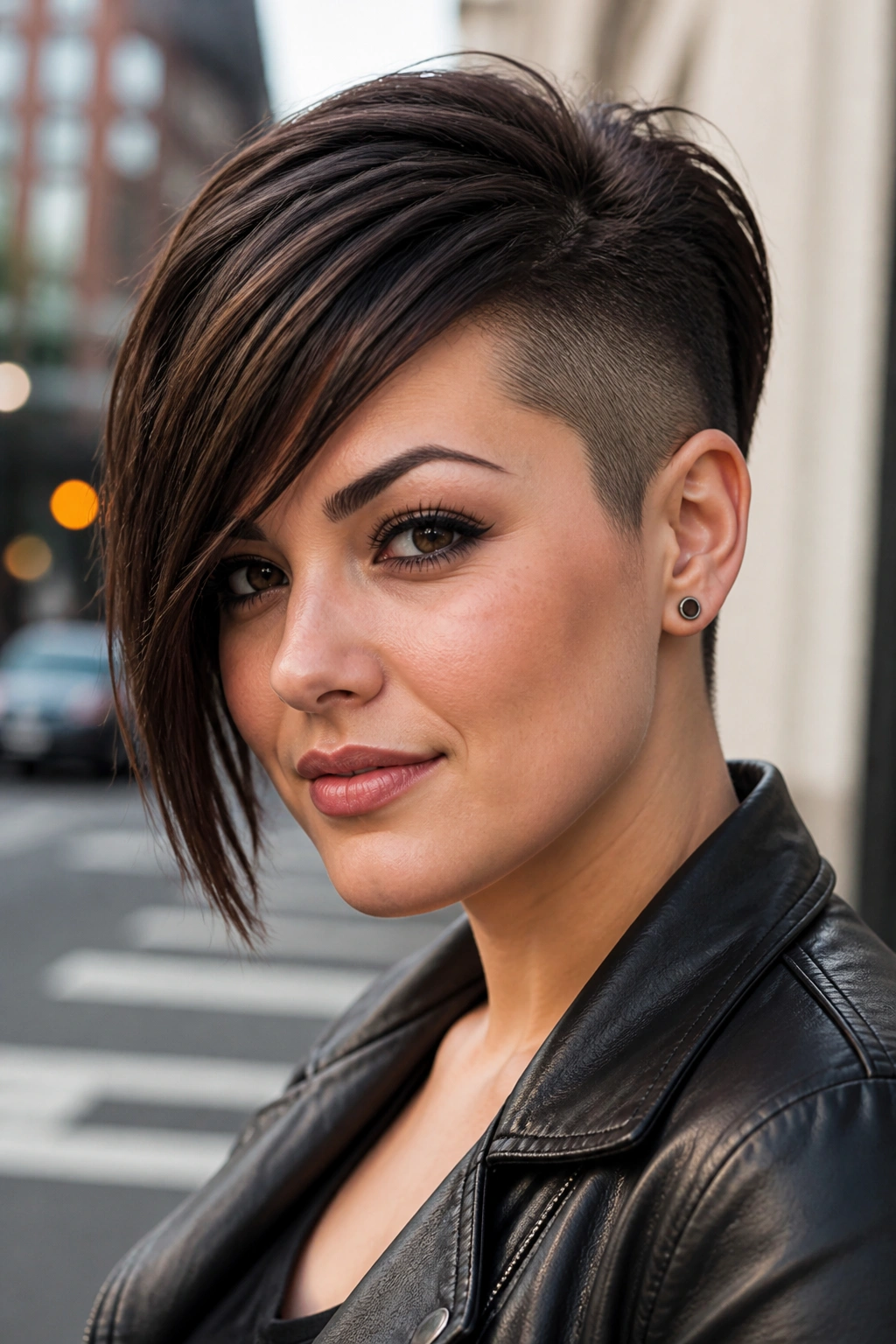 Close-up portrait of a real woman with a side-shaved asymmetrical pixie and long swept side