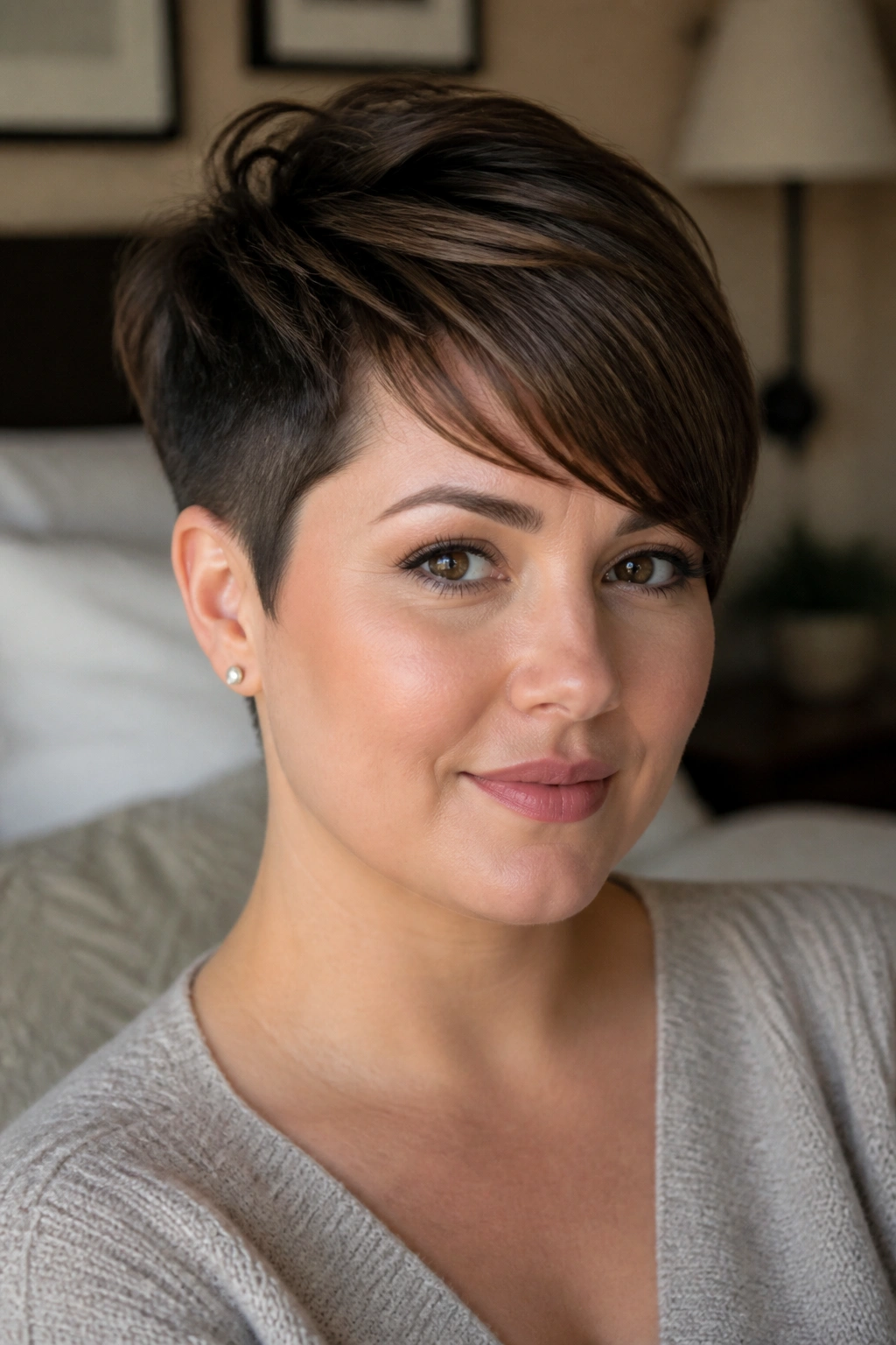Close-up portrait of a real woman with a side-swept pixie and tapered sides.