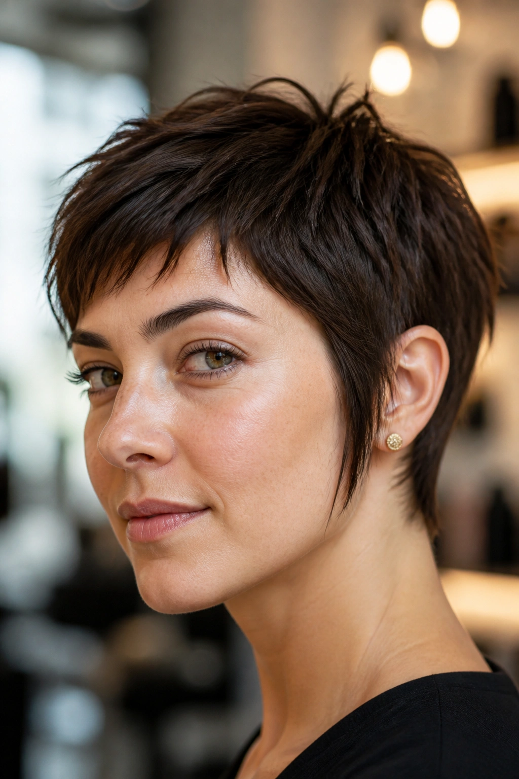 Close-up portrait of a real person with a piecey pixie and sideburns framing the jaw