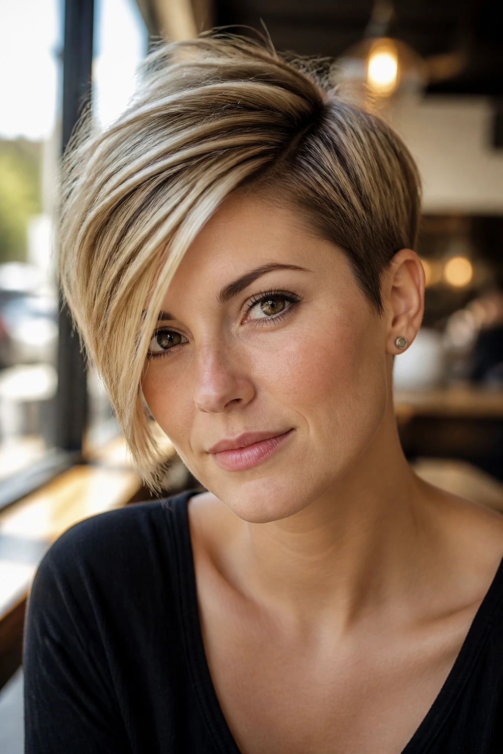 Close-up of a woman with a deep side-part asymmetrical pixie and fringe