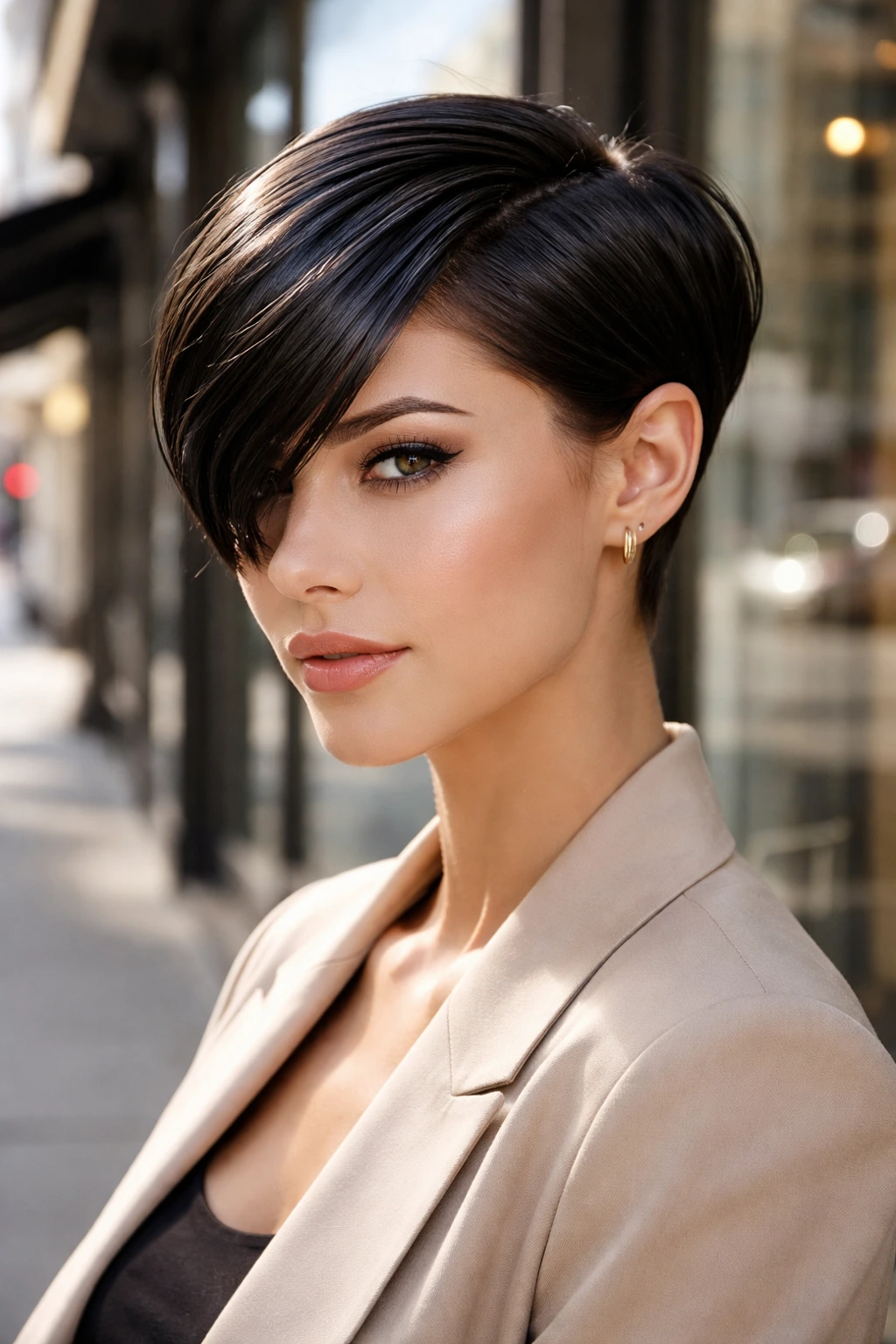 Close-up portrait of a real woman with Sleek Side-Part Pixie and glassy finish