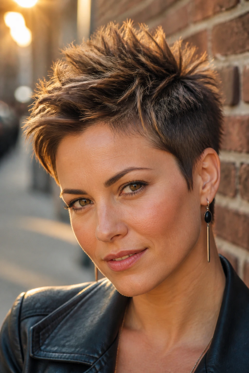 Portrait of a real woman with a spiky crown pixie hairstyle in natural outdoor light.