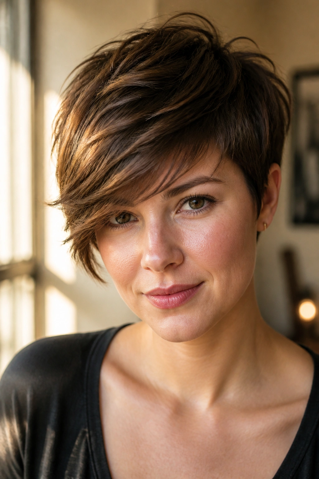 Close-up portrait of a woman with a long pixie and swept fringe across the forehead