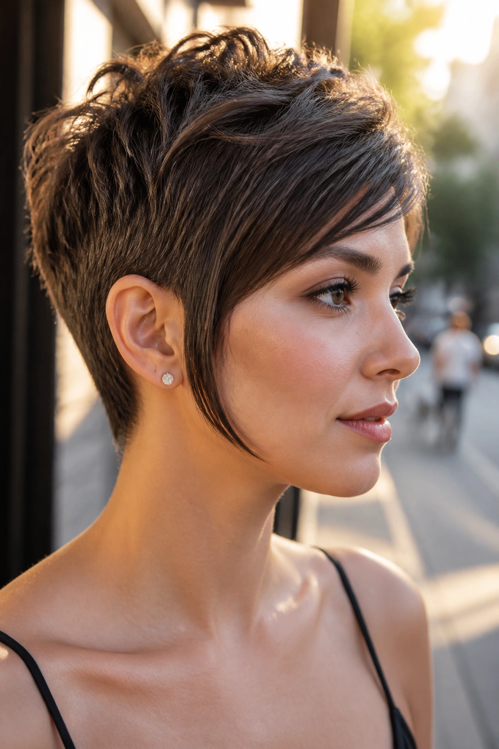Close-up portrait of a real woman with a tapered pixie and long sideburns along the jawline, urban light