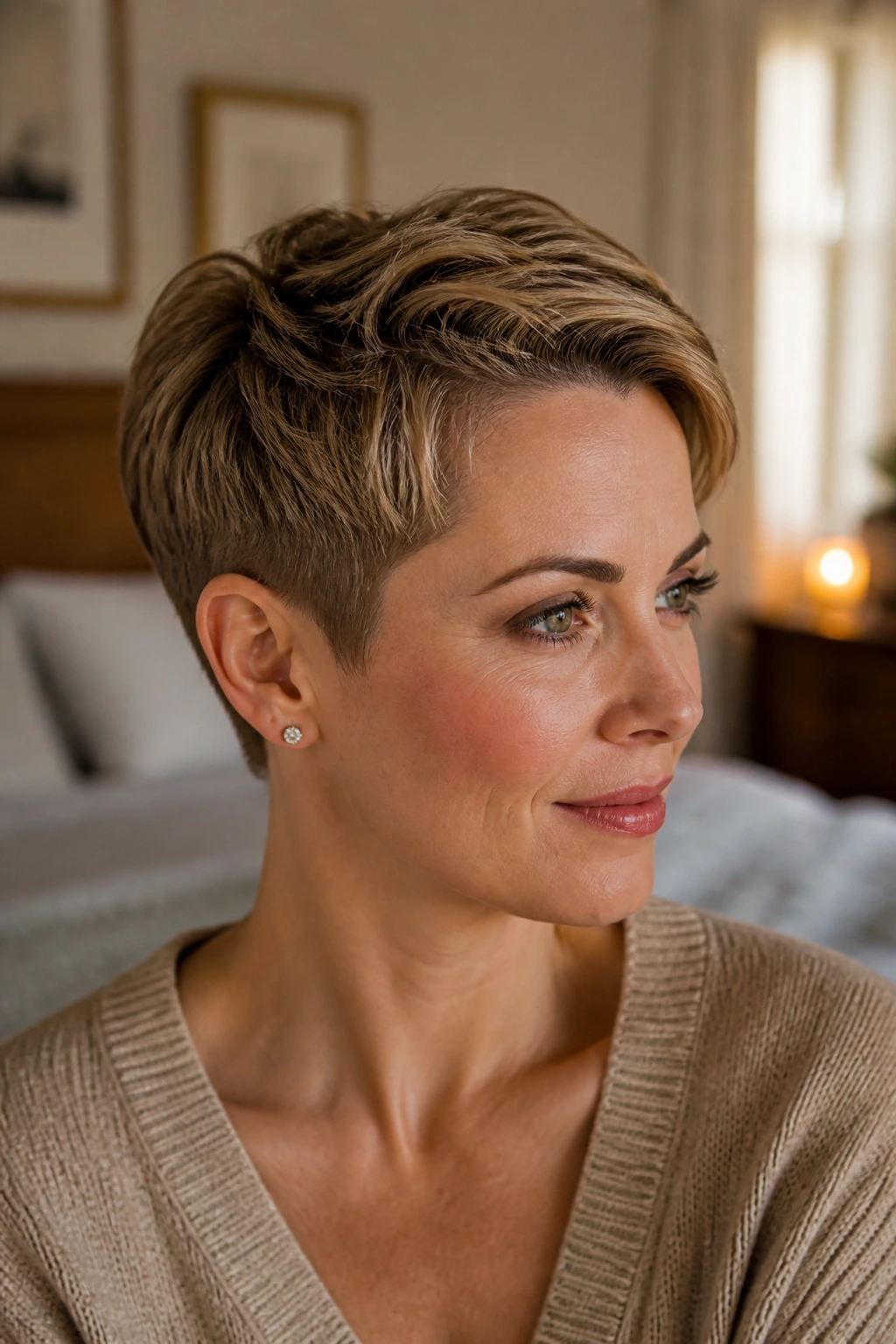Close-up of a real woman with a pixie haircut showing tapered temples and lifted crown in warm window light