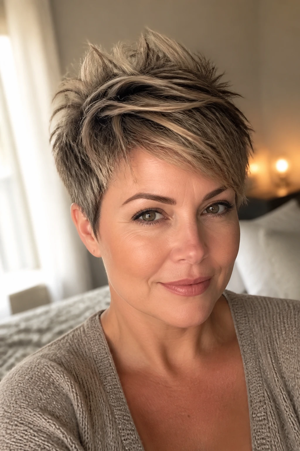 Close-up portrait of a woman with a crown-height textured pixie and side-swept fringe.