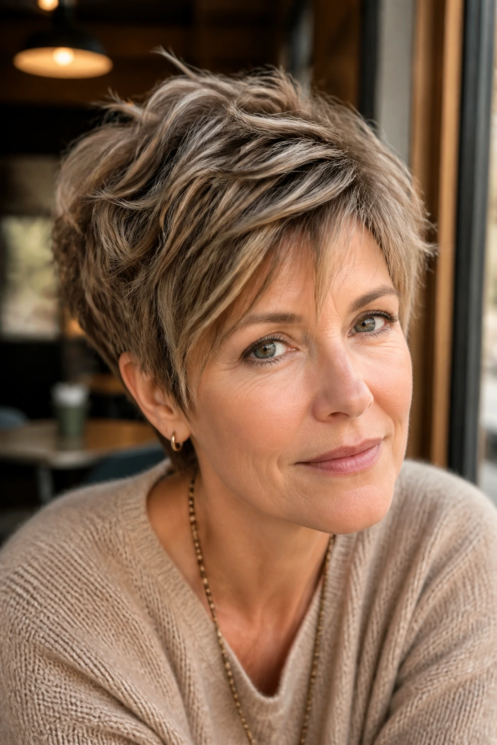 Close-up portrait of a woman with textured shag pixie haircut at a cafe window