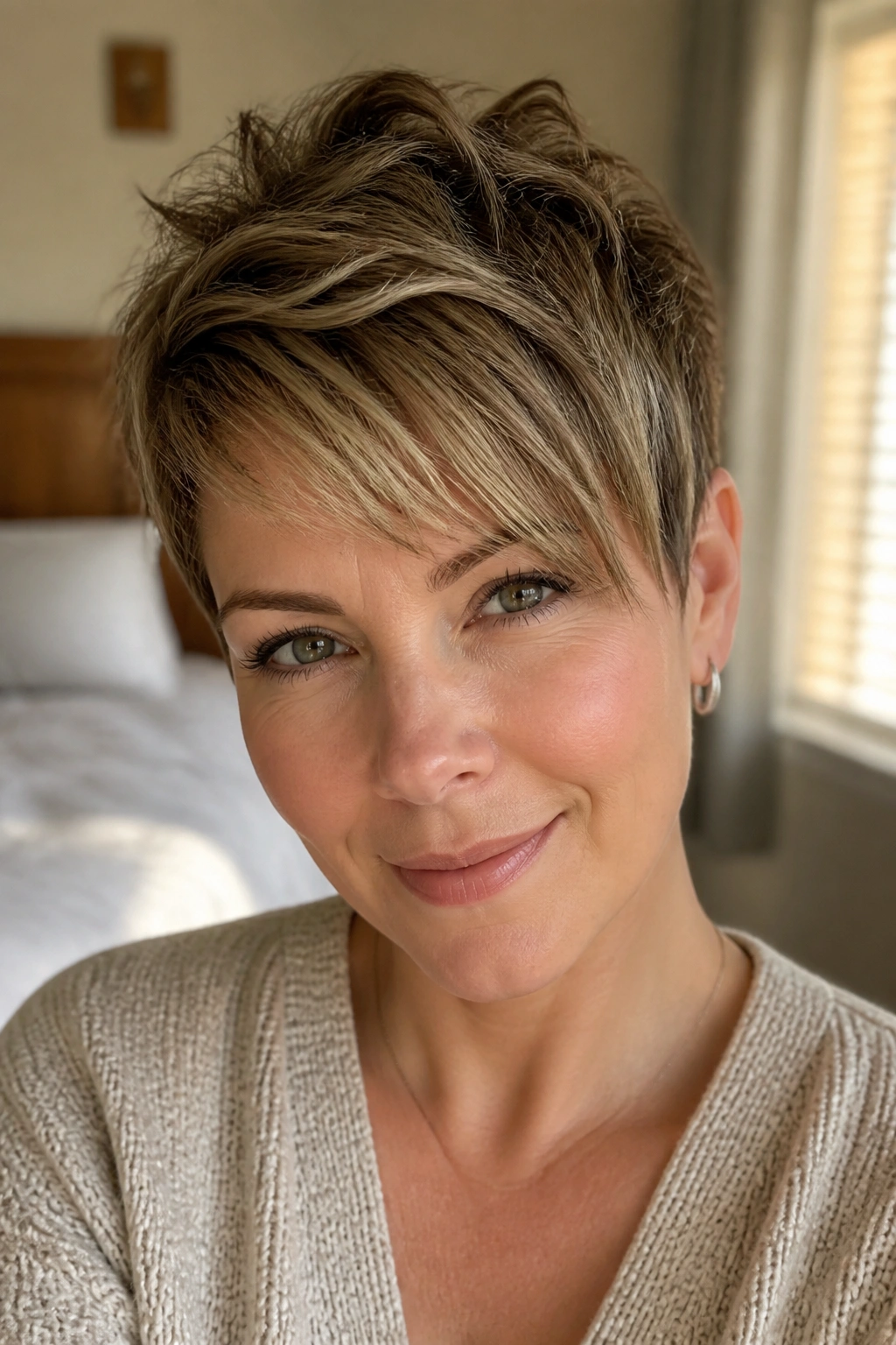 Close-up portrait of a real woman with a textured pixie and side-swept fringe under warm window light