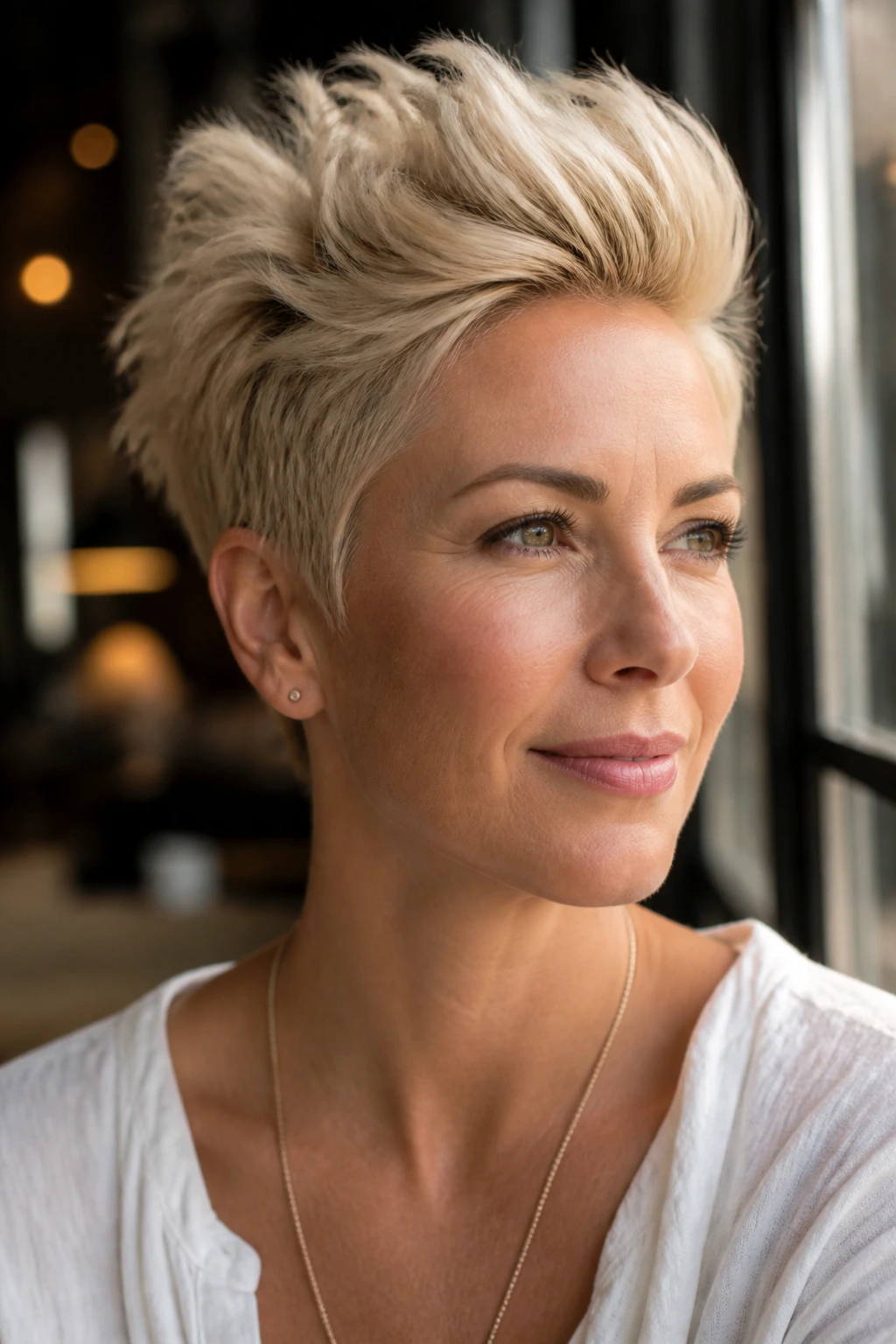 Close-up portrait of a real woman with Brushed-Up Blonde Pixie With Height hairstyle.