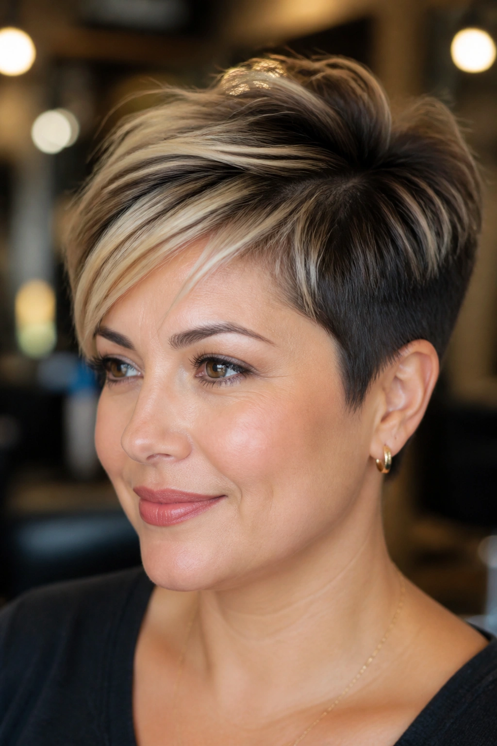 Real person with pixie cut showing top highlights