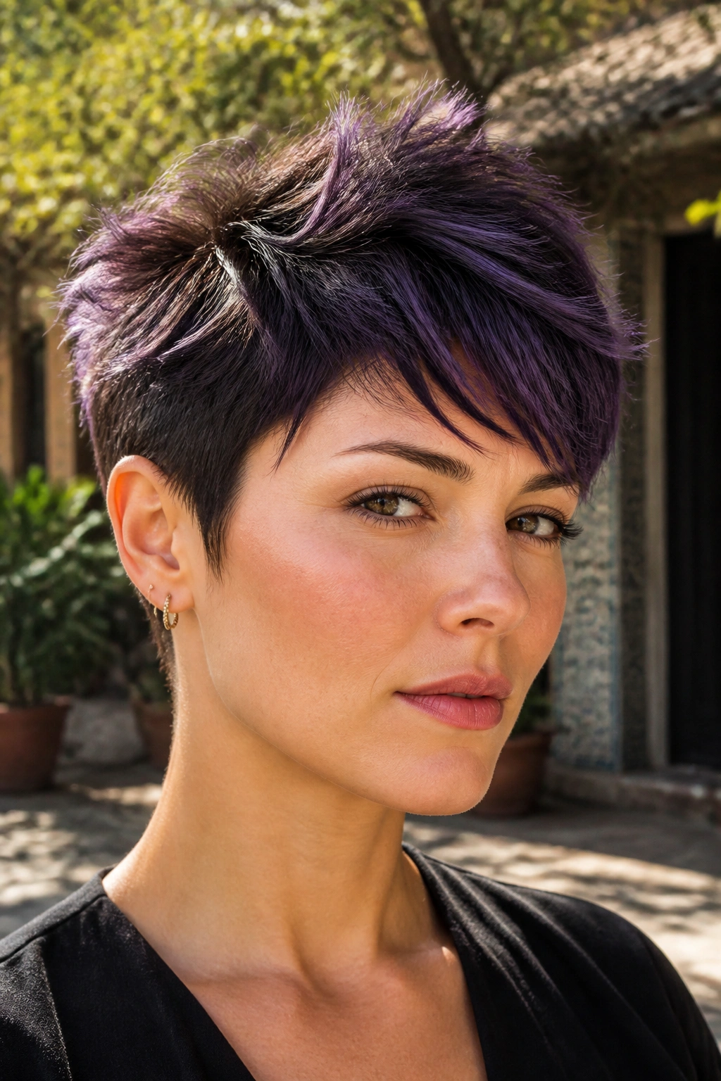 Pixie cut with indigo-purple ends on a real person