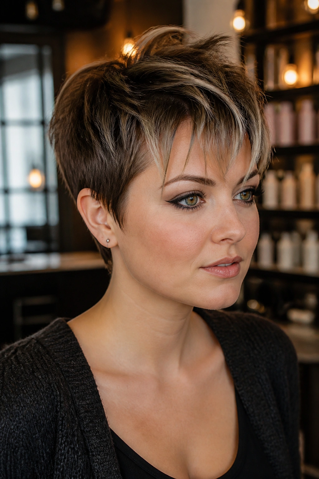 Close-up of a real woman with a jagged-fringe pixie cut highlighting crown height.