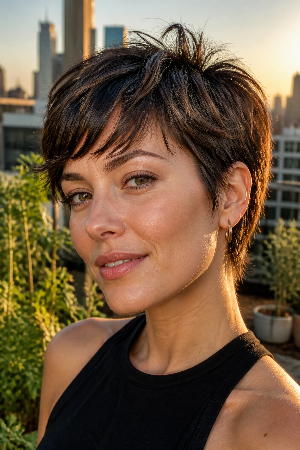 Close-up of real woman with pixie-length shag in golden hour light