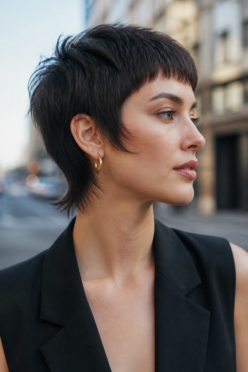 Real person with pixie-length wolf cut and micro fringe in urban setting