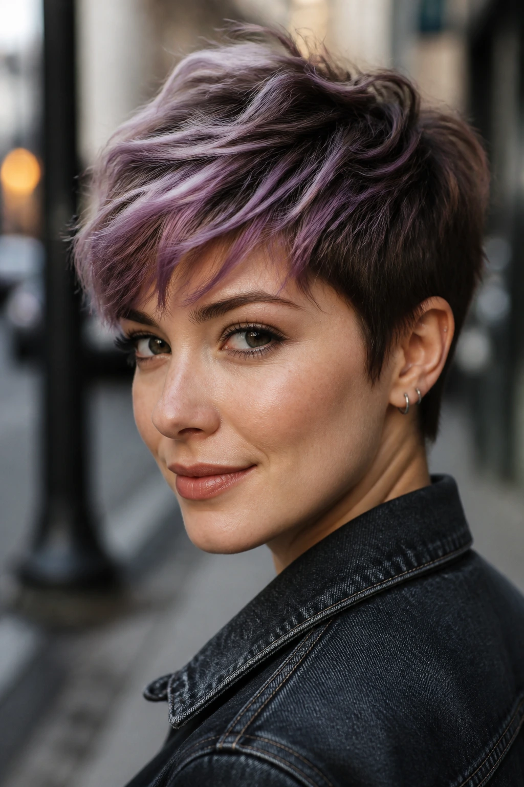 Portrait of a real person with lilac-tipped textured pixie cut.