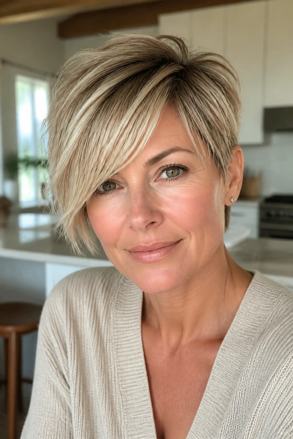 Close-up of a real woman wearing a pixie with long bangs.