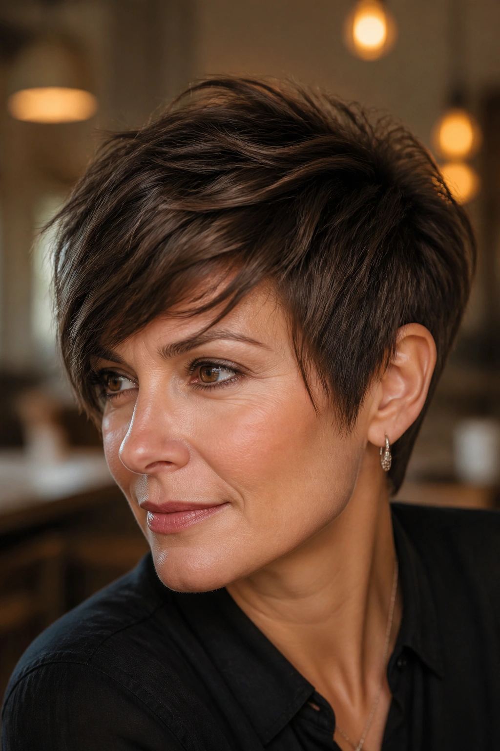 Close-up of a real woman with a chocolate pixie and long crown in cafe lighting