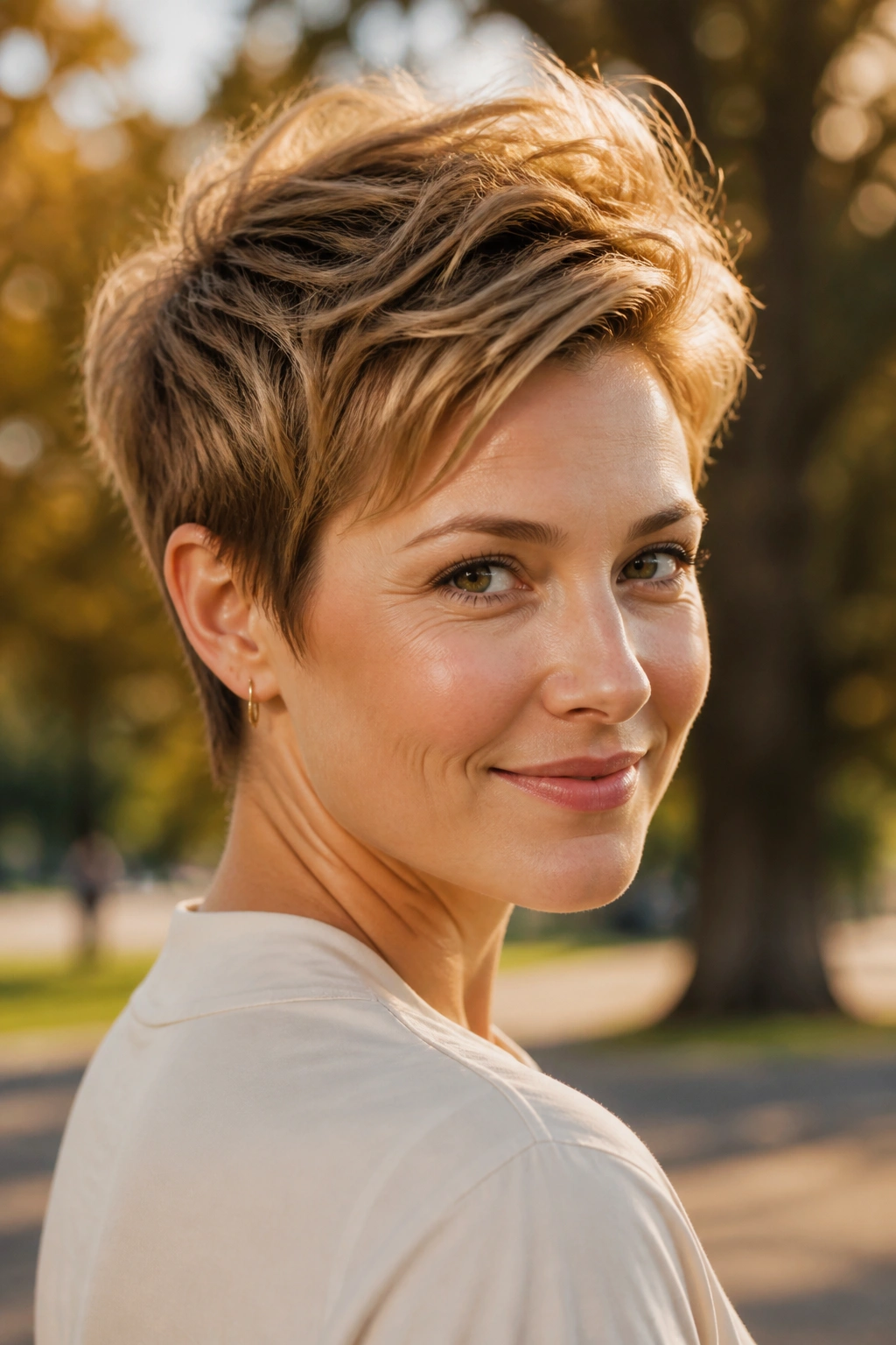 Portrait of a real woman with a pixie cut and long crown layers.