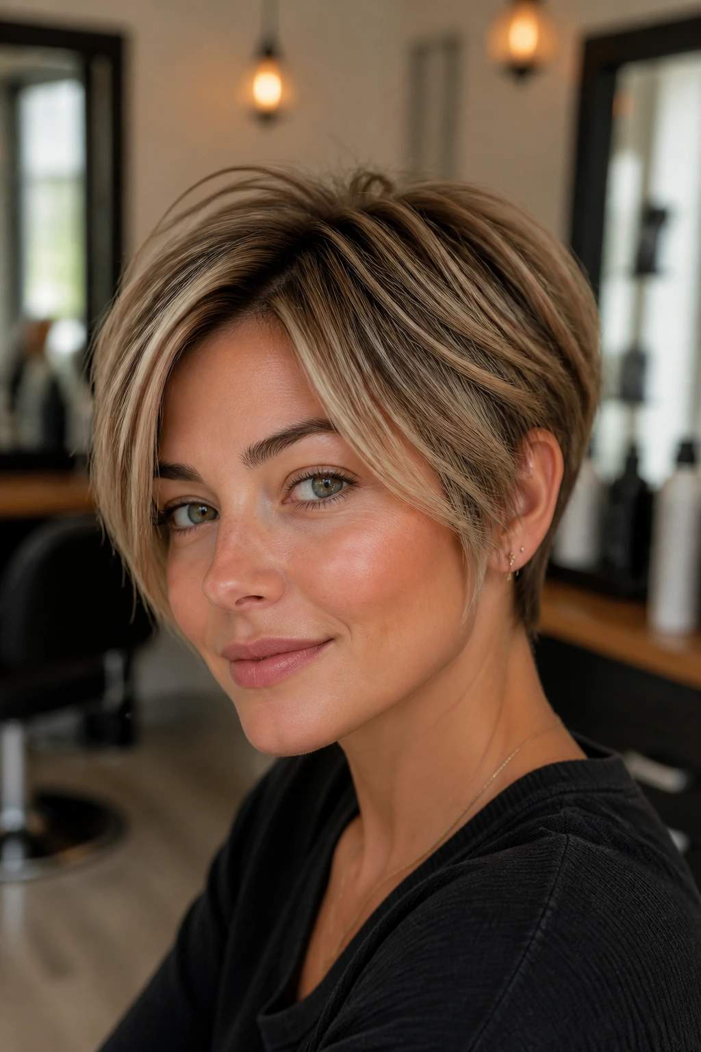 Close-up of a real woman wearing a face-framing long pixie with soft layers in a warm salon setting