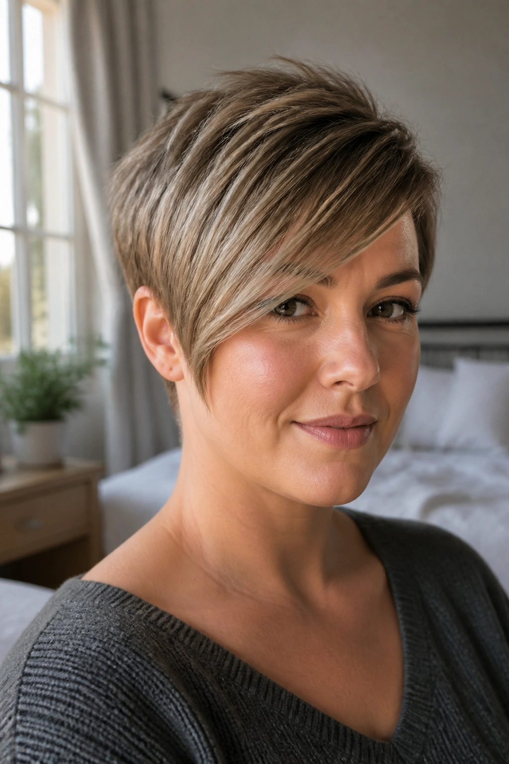 Close-up of a real woman with a long side-bang pixie sweeping fringe