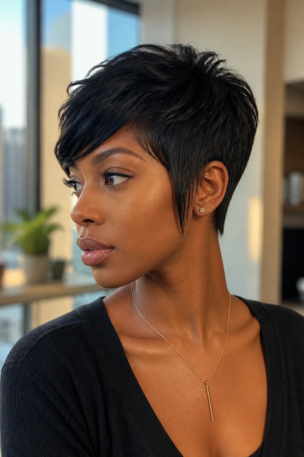 Portrait of a real Black woman with long sideburns and a narrow nape, in a sunlit urban apartment