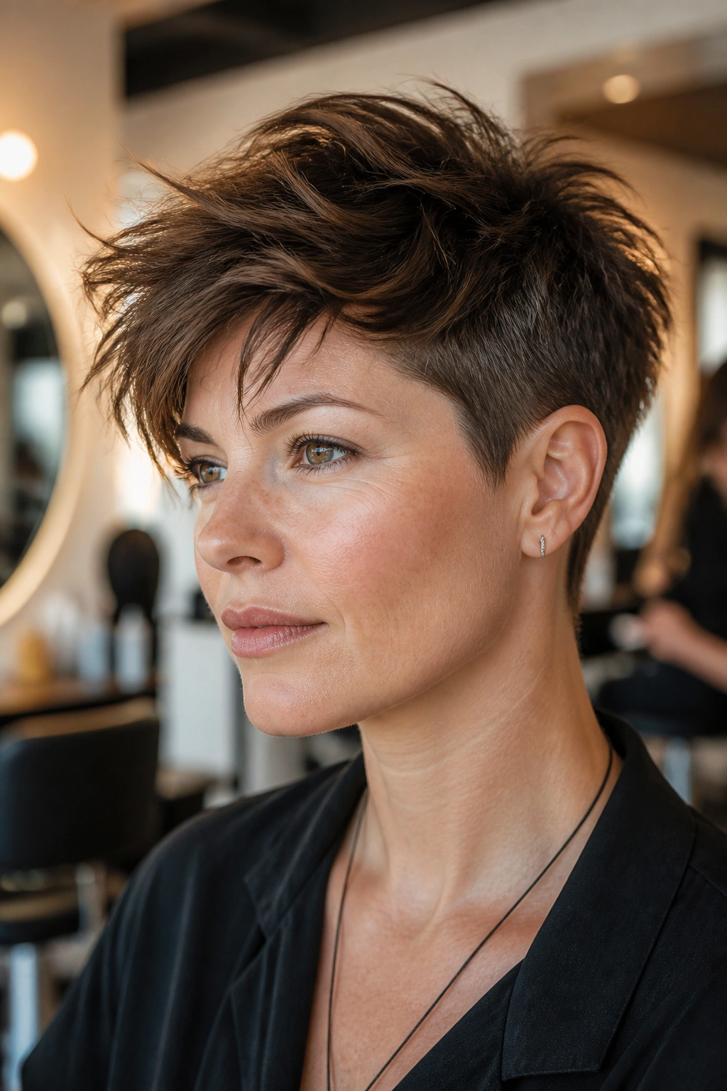 Close-up of a real woman with a long-top pixie featuring a choppy textured crown and tapered sides.