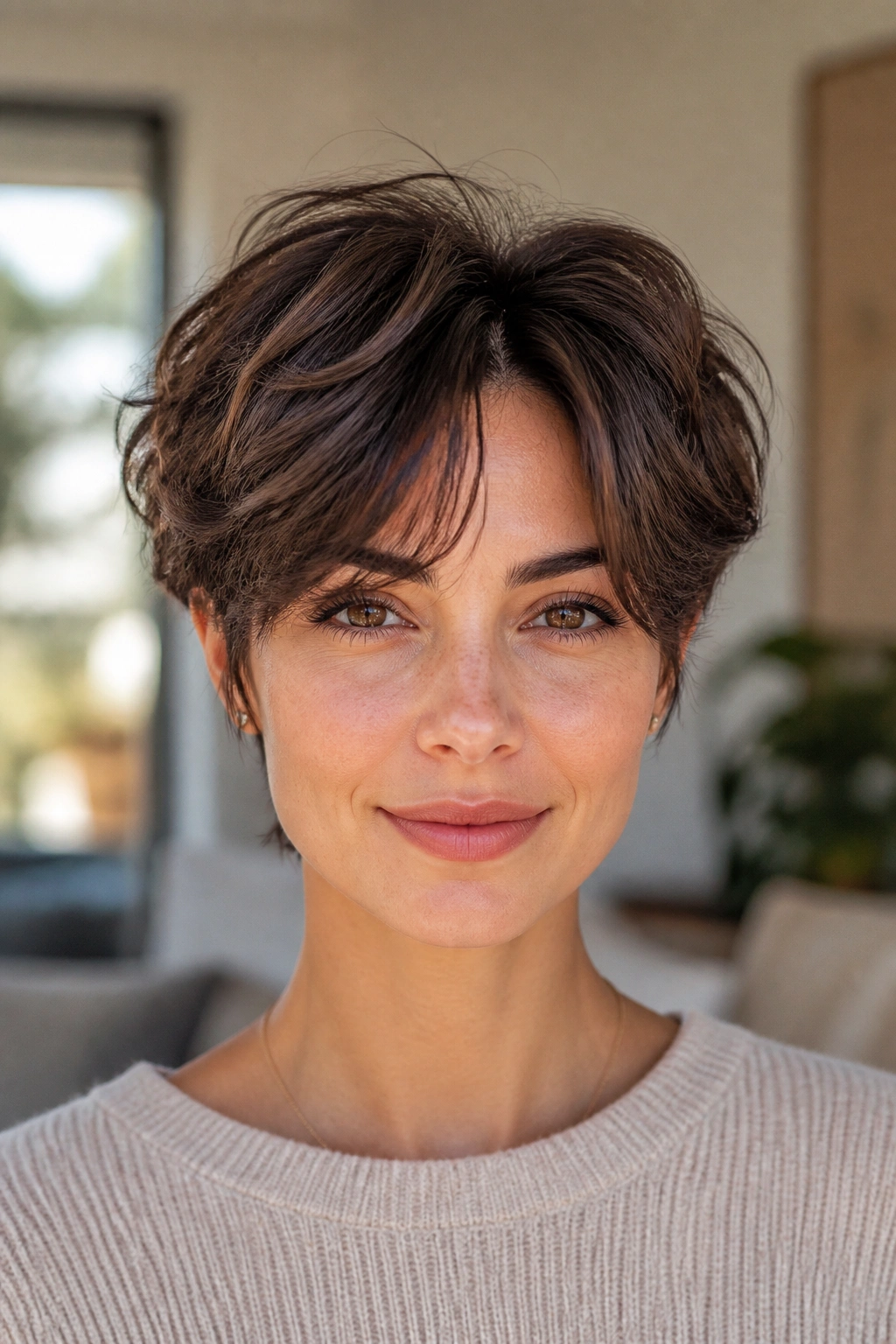 Portrait of a real woman with a long-top pixie and curtain fringe