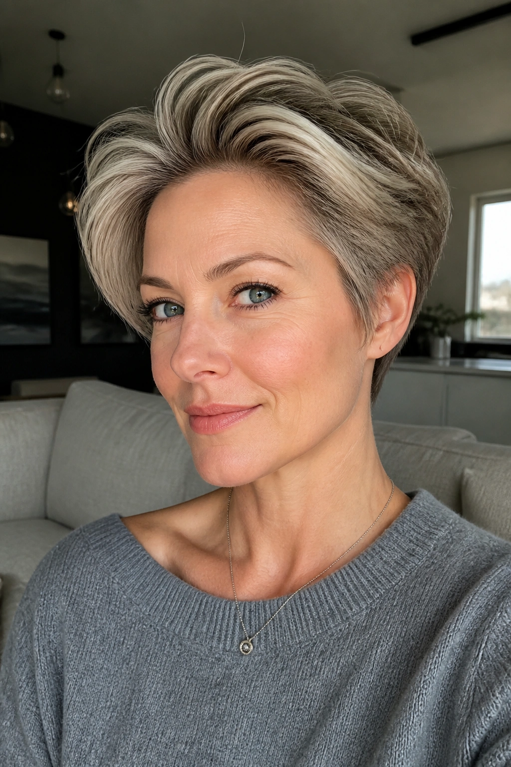 Close-up portrait of a real woman with long top layers pixie showing crown fullness