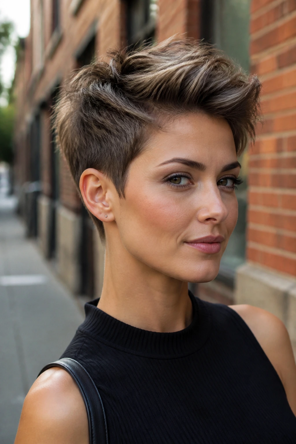 Close-up portrait of real person with pixie cut and long top swept forward