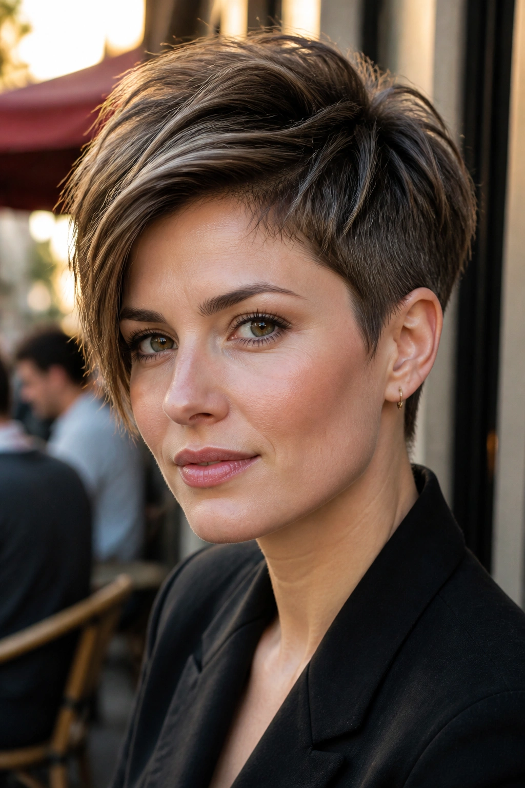 Close-up portrait of a real woman with a long-top pixie hairstyle for square faces